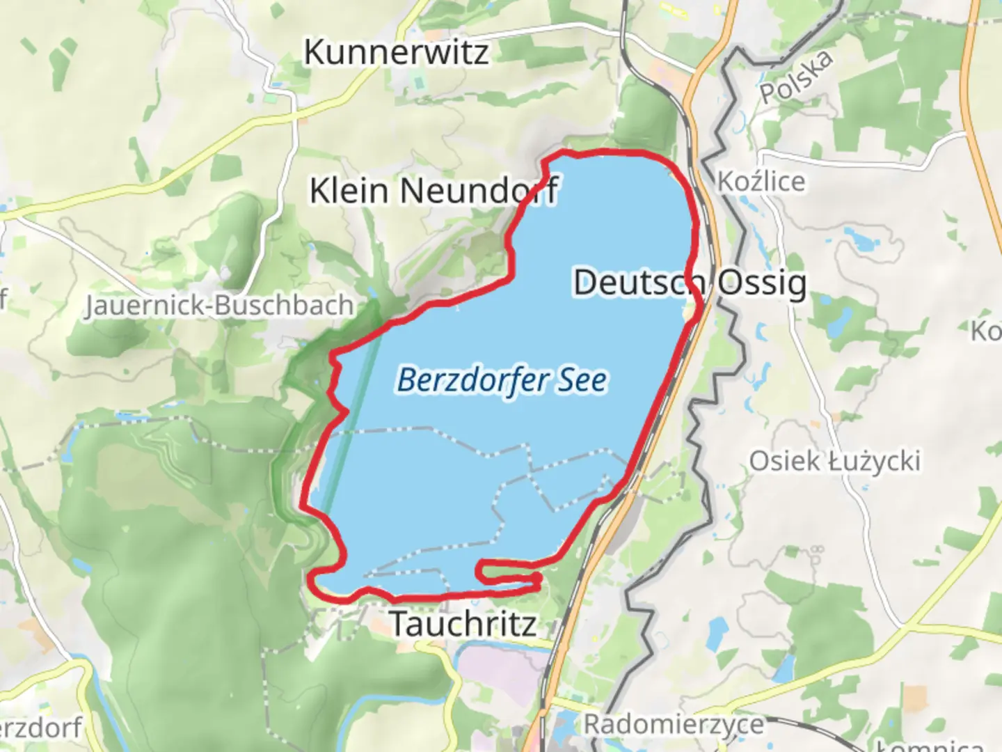 An image depicting the trail Berzdorfer See Loop and its surrounding area.