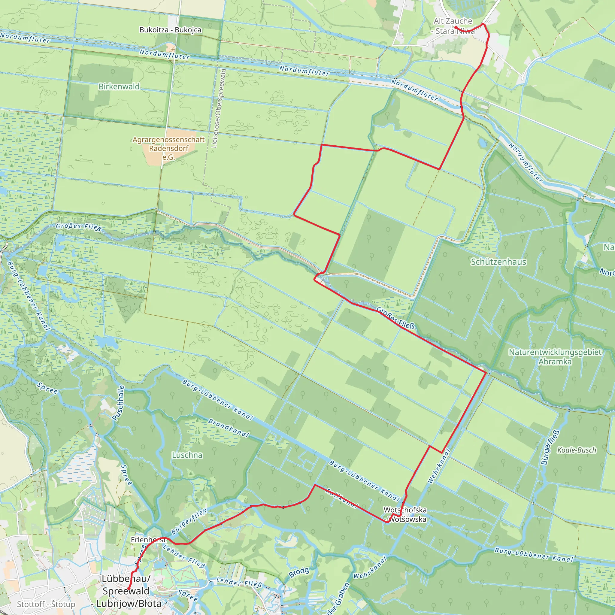 Lübbenau to Alt Zauche Stara Niwa Walk via Naturschutzgebiet mobile static map
