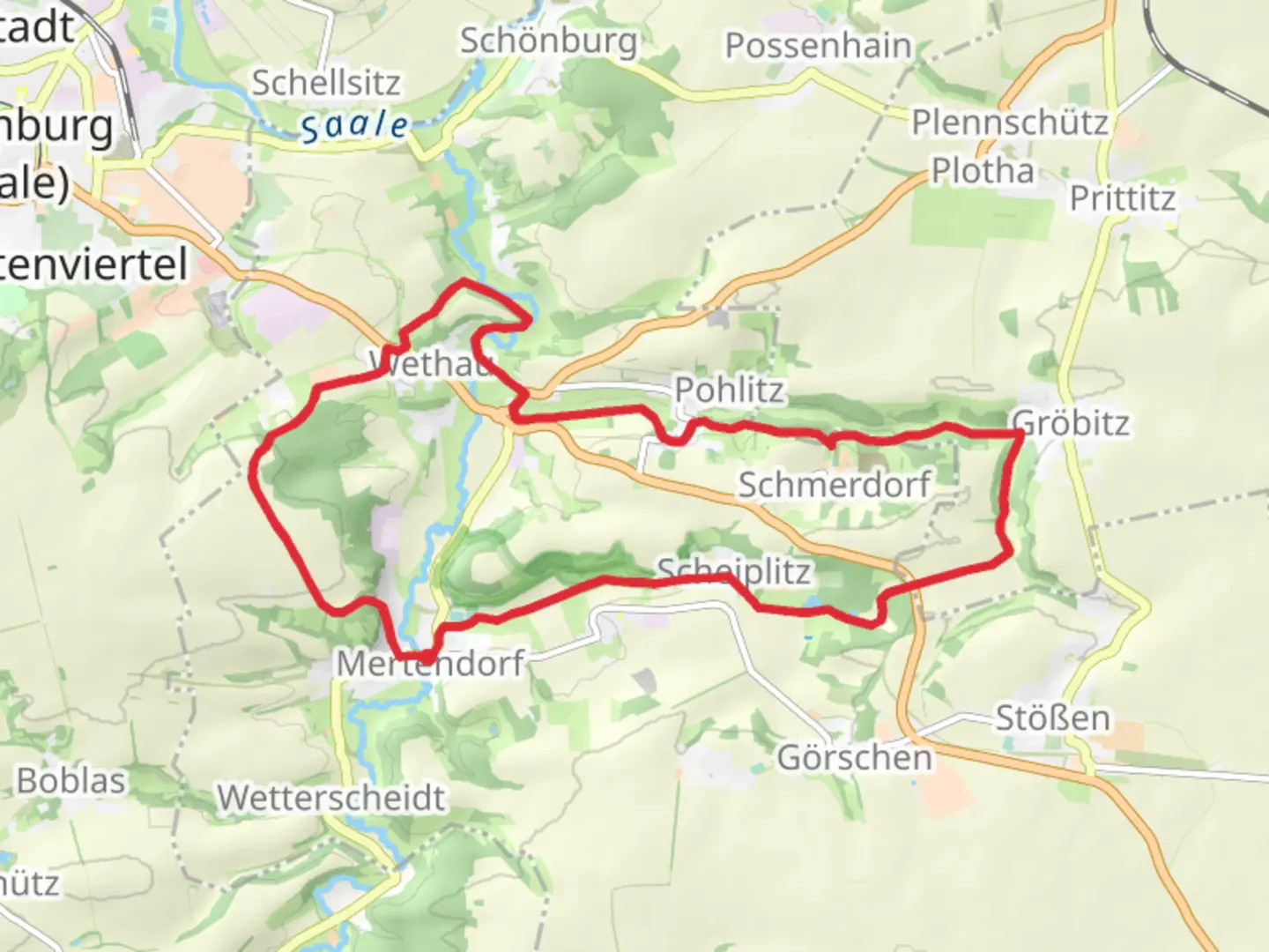 An image depicting the trail Mertendorf and Gieckau Loop and its surrounding area.