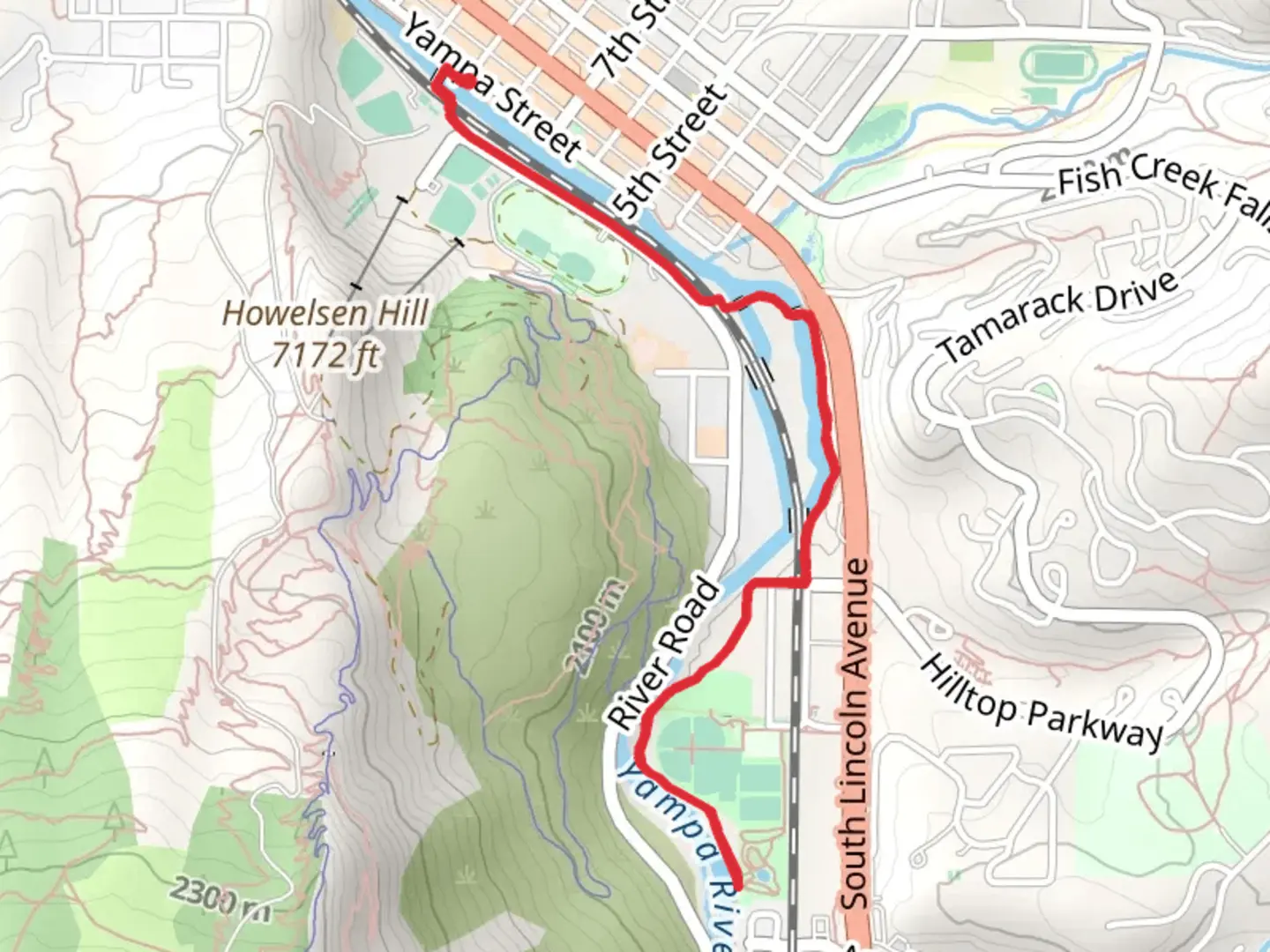An image depicting the trail Yampa River Core Trail - Short and its surrounding area.