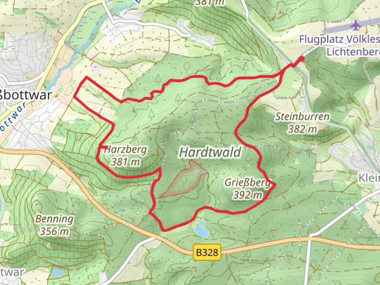 An image depicting the trail Wein Lese Weg and Nebenlinie des SAV Loop and its surrounding area.