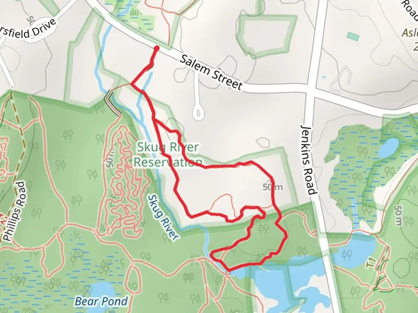 An image depicting the trail Skug River via Essex Railroad Rail Trail and its surrounding area.