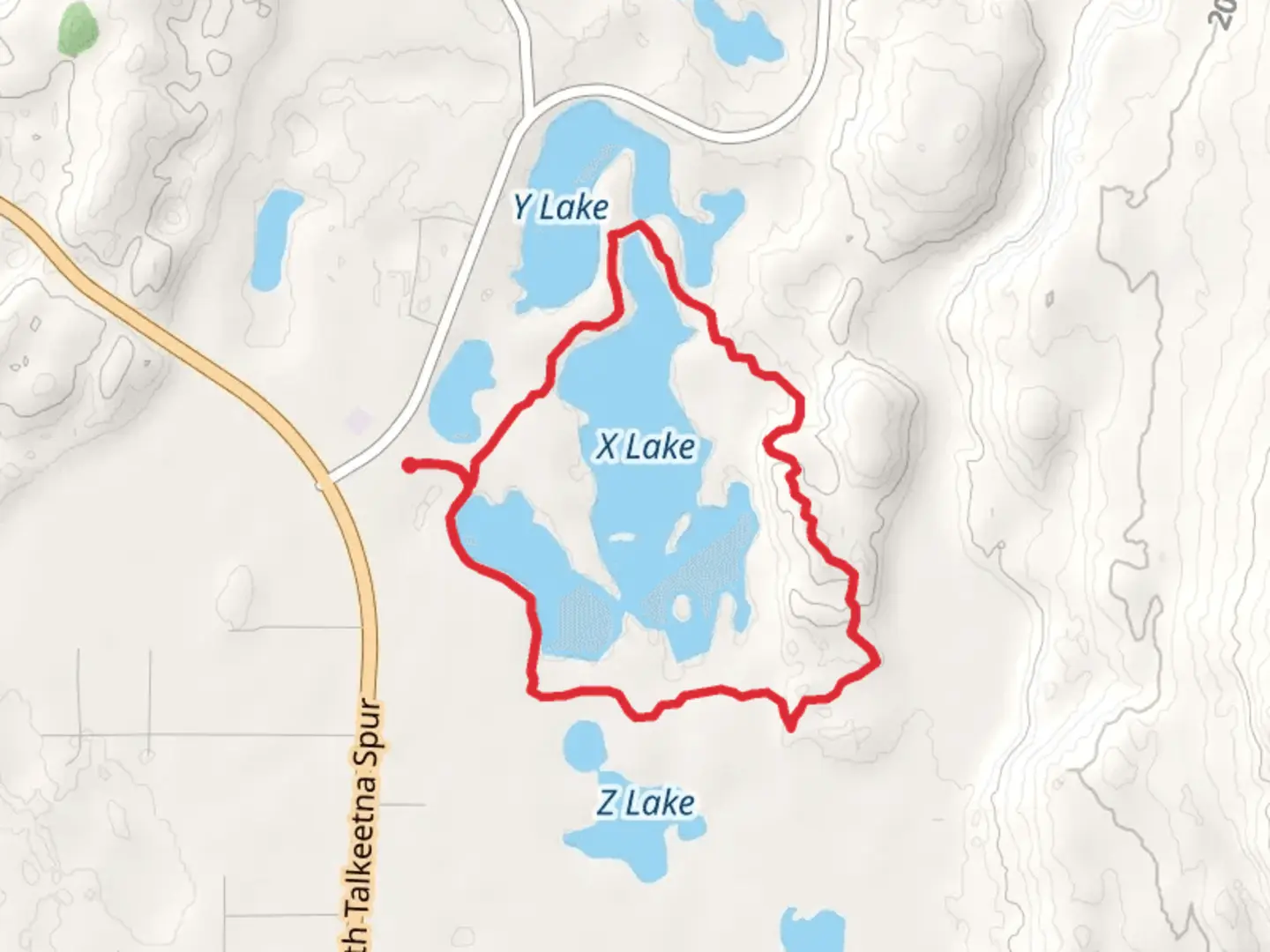 An image depicting the trail Talkeetna Lakes - X Lake Loop and its surrounding area.