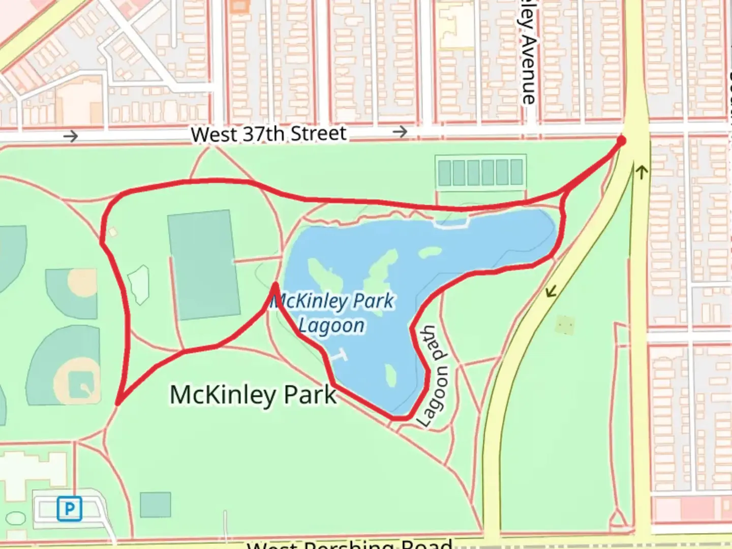 An image depicting the trail McKinley Park Lagoon Loop and its surrounding area.