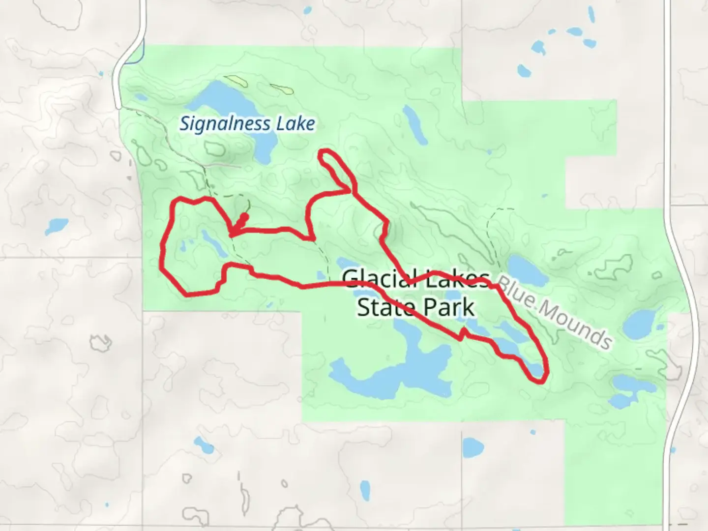 An image depicting the trail Glacier Lakes State Park Loop - South and its surrounding area.