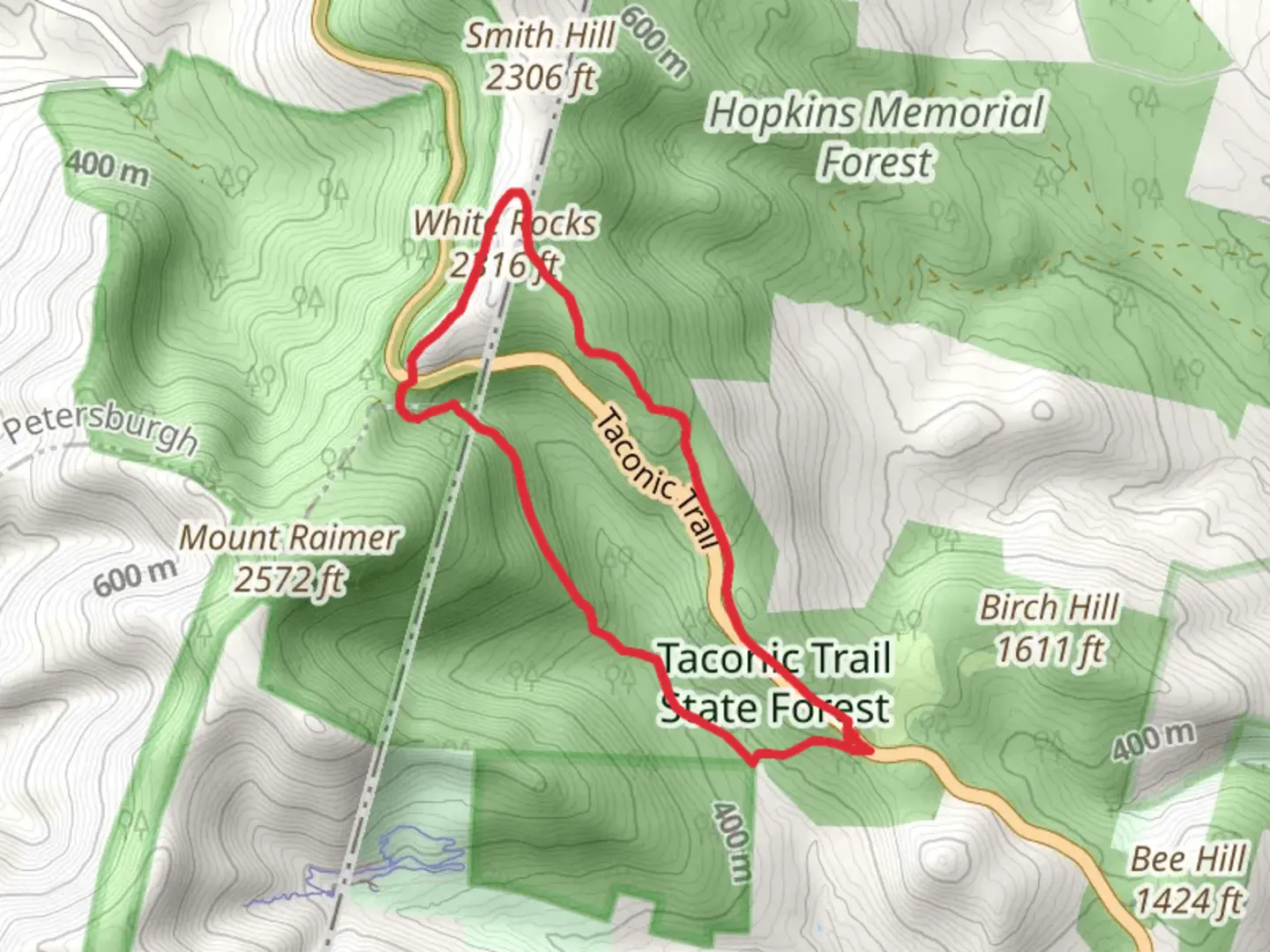 An image depicting the trail White Rocks - Taconic Trail State Forest Loop and its surrounding area.