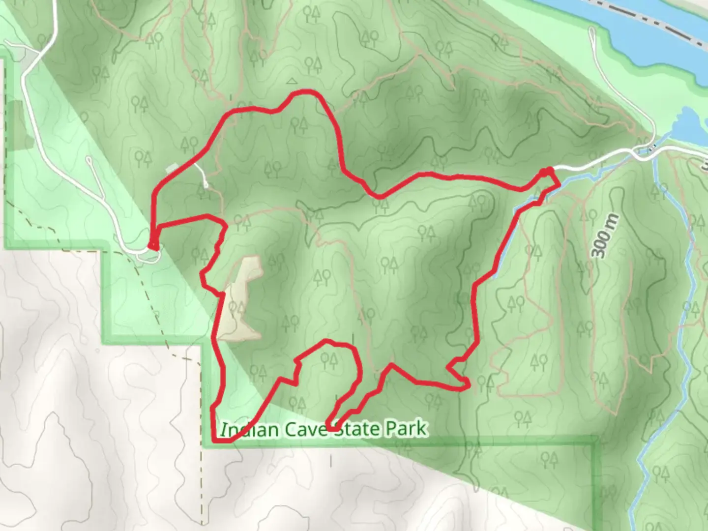 An image depicting the trail Harwood Trail and Indian Cave Recreation Road Loop and its surrounding area.