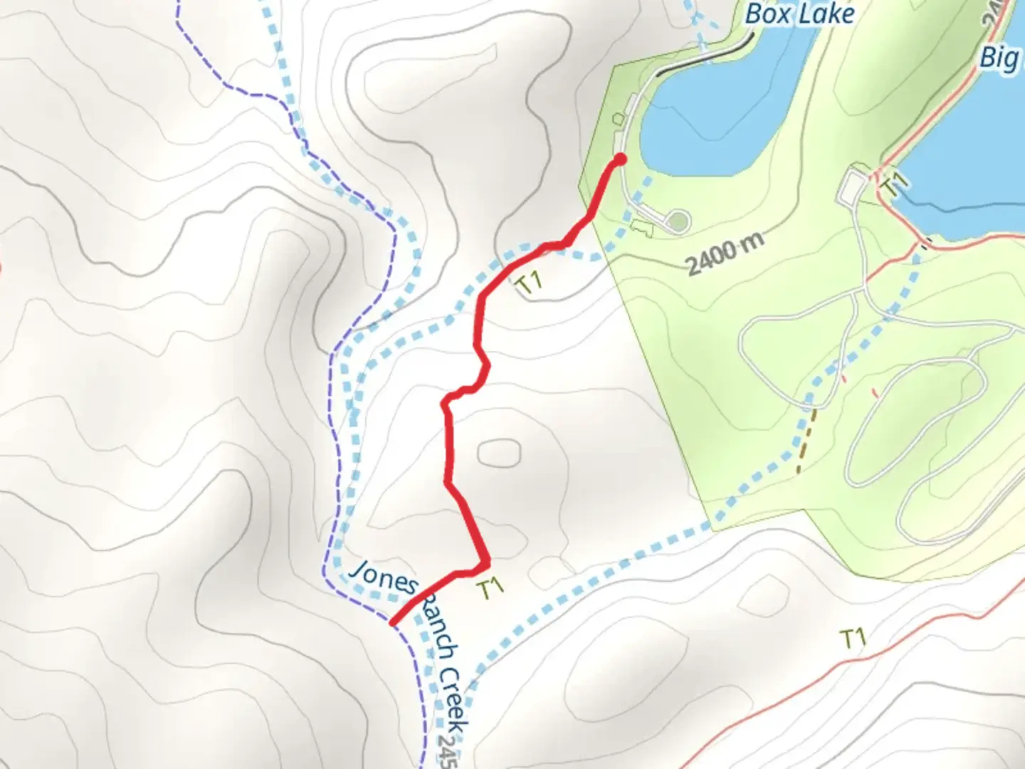 An image depicting the trail Box Lake and its surrounding area.