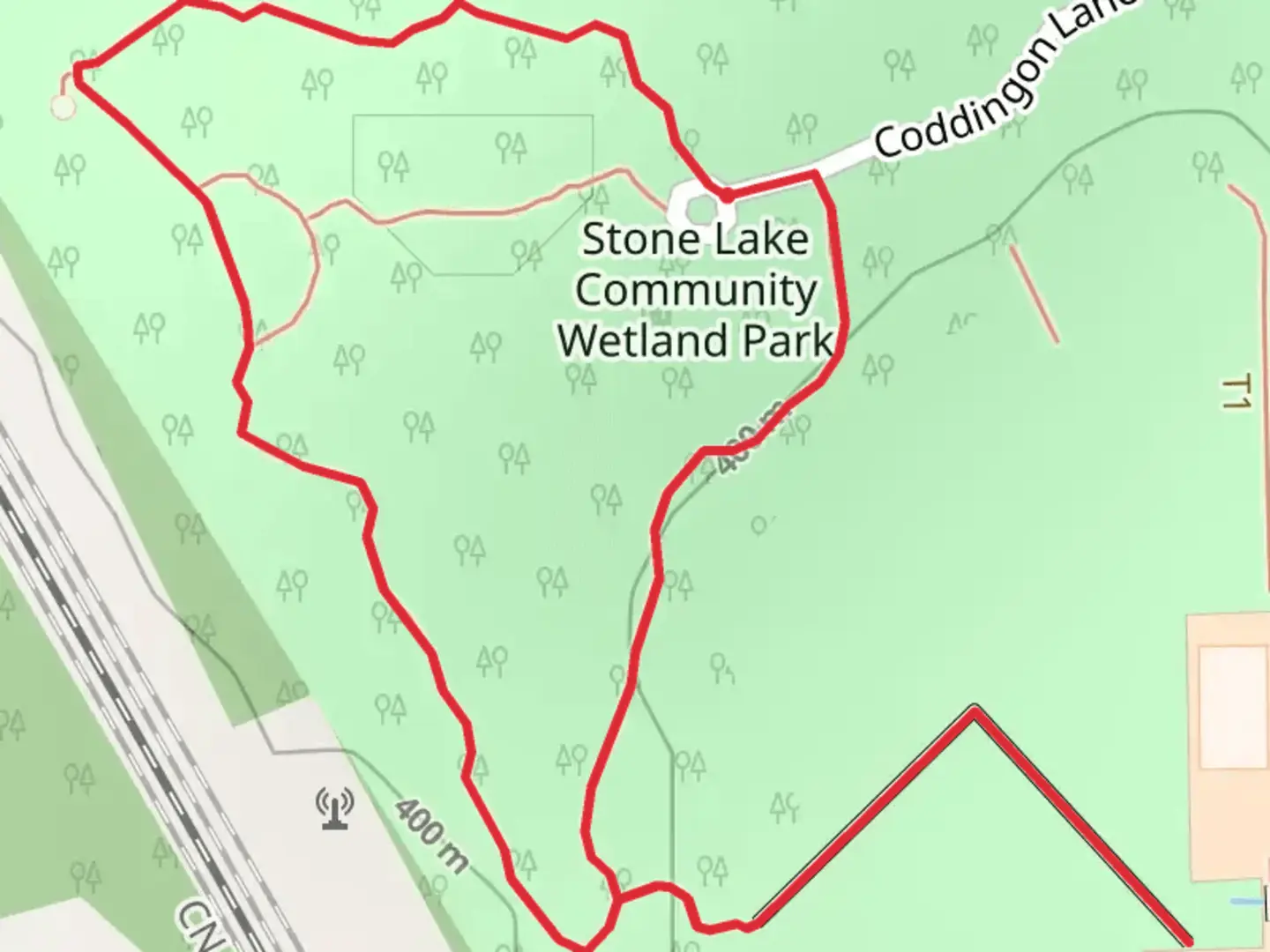 An image depicting the trail Stone Lake Community Wetland Park Loop and its surrounding area.