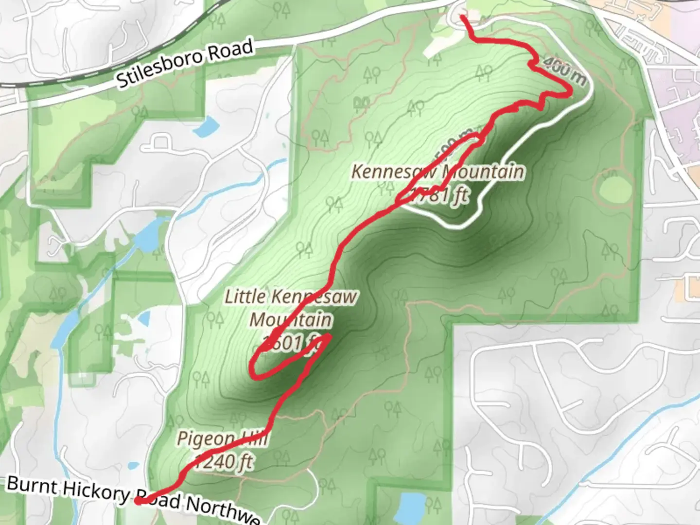 An image depicting the trail Pigeon Hill, Little Kennesaw Mountain and Kennesaw Mountain and its surrounding area.