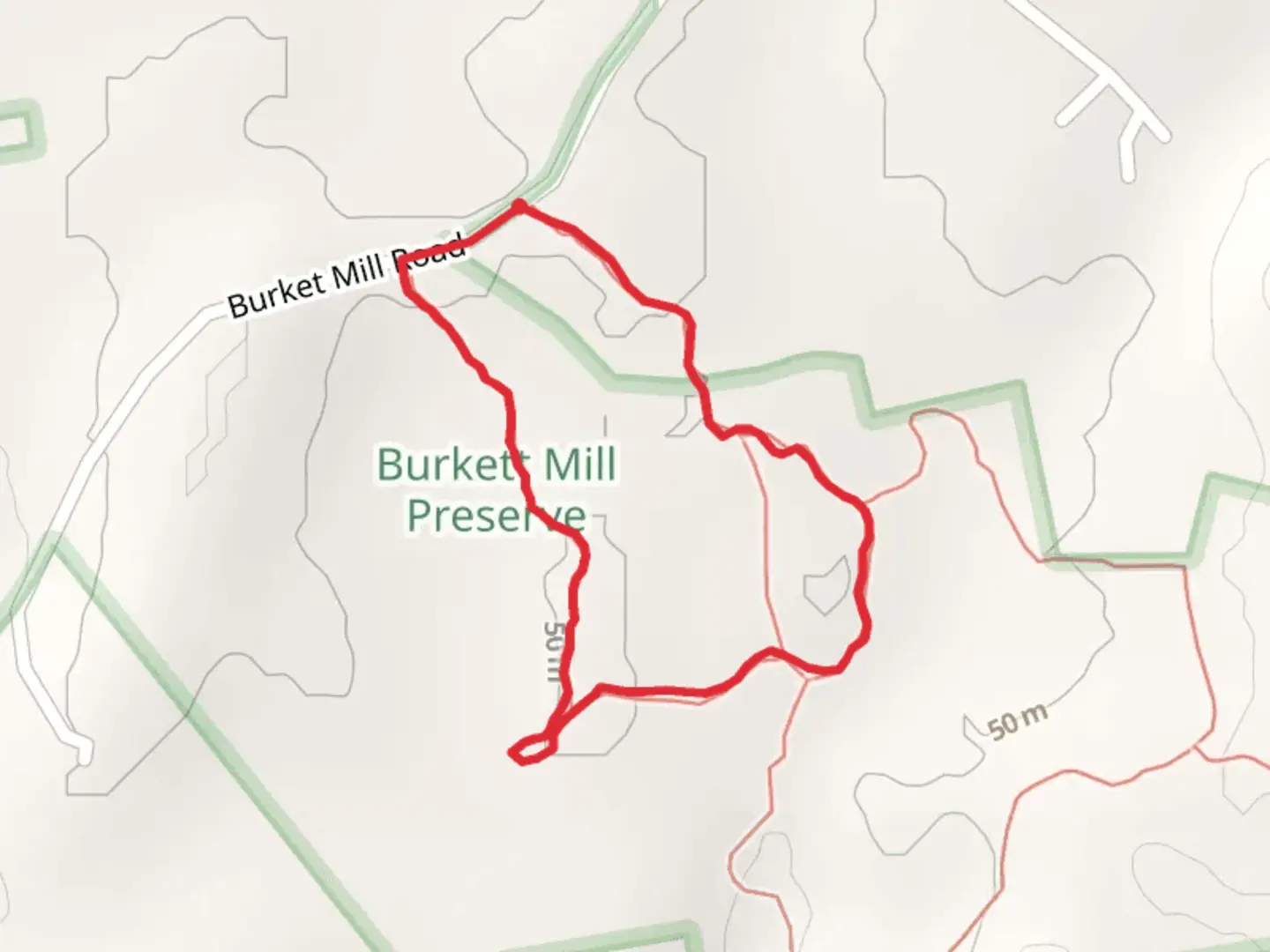 An image depicting the trail Burket Mill Road Loop and its surrounding area.