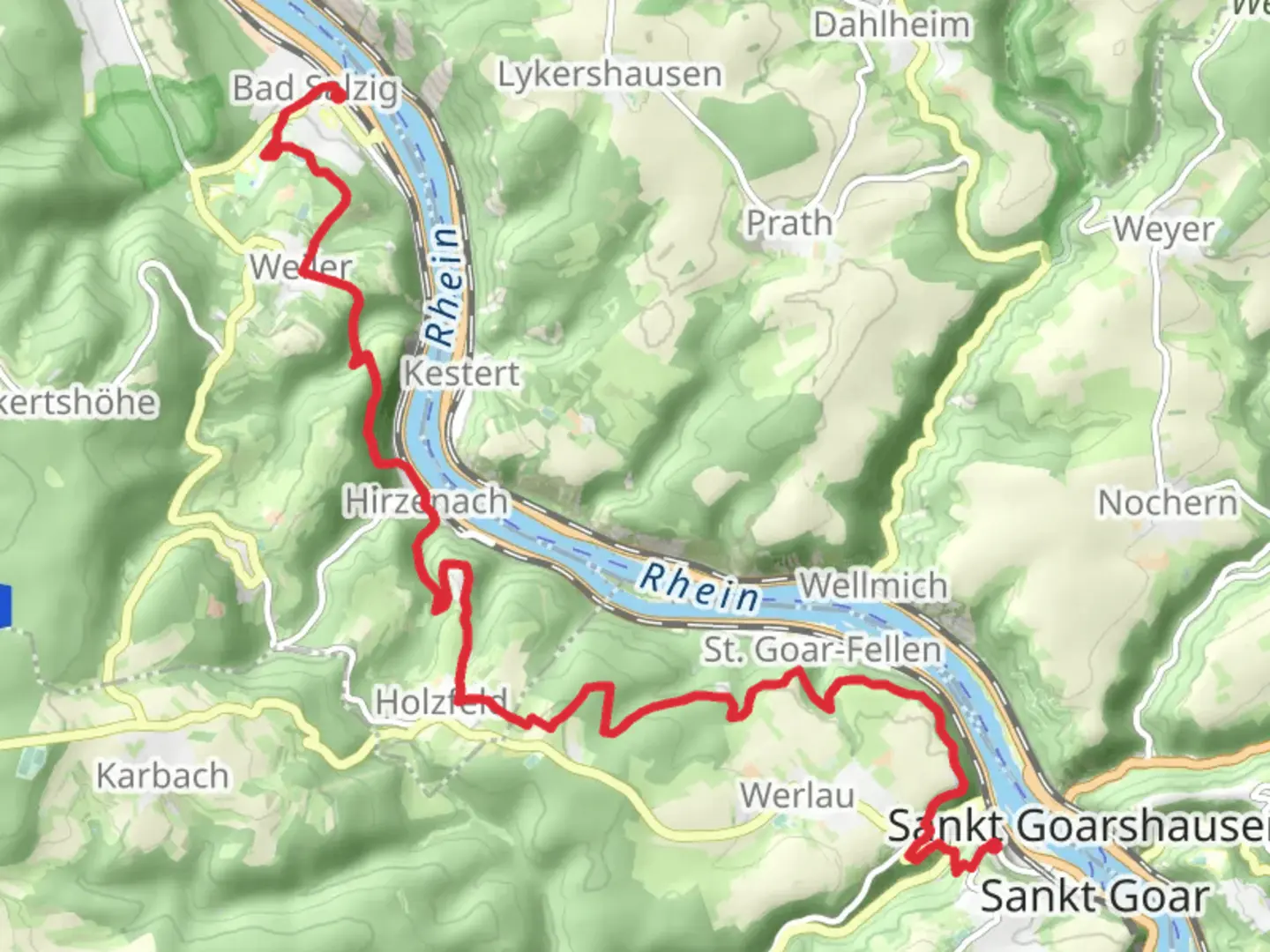 An image depicting the trail Bad Salzig to Rheinfels Castle Walk via Weilerbach and its surrounding area.