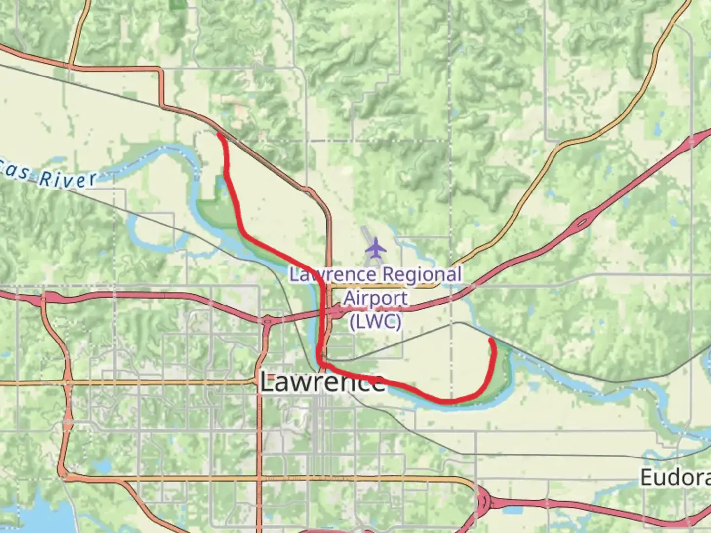 An image depicting the trail Lawrence Levee Trail from Oak Street and its surrounding area.