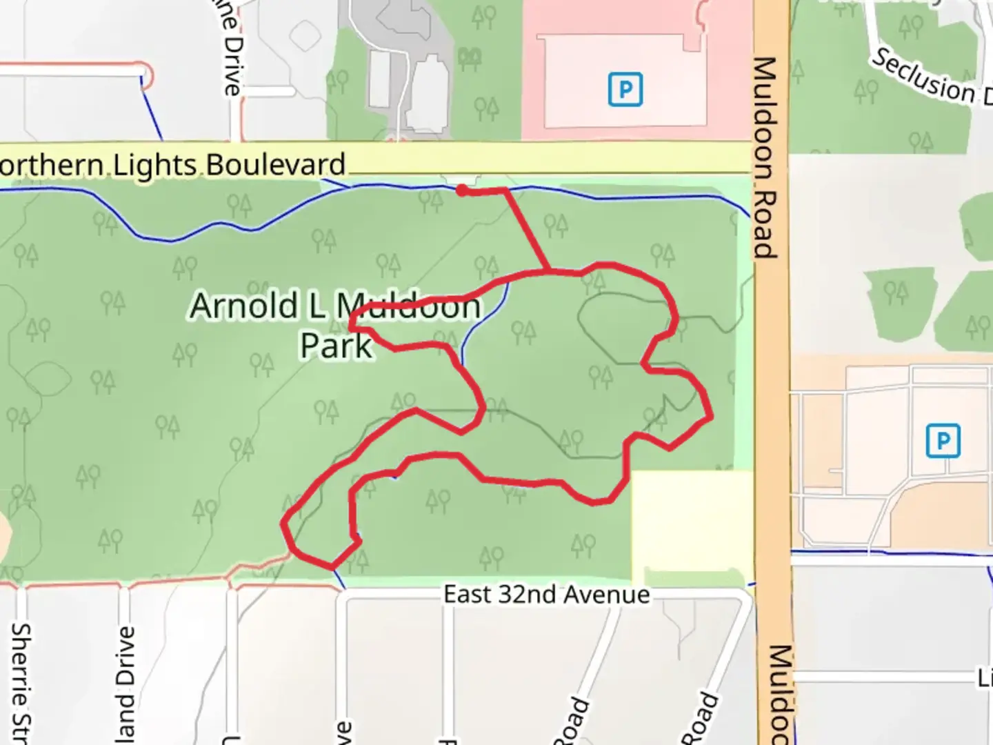 An image depicting the trail Arnold L Muldoon Park Loop and its surrounding area.