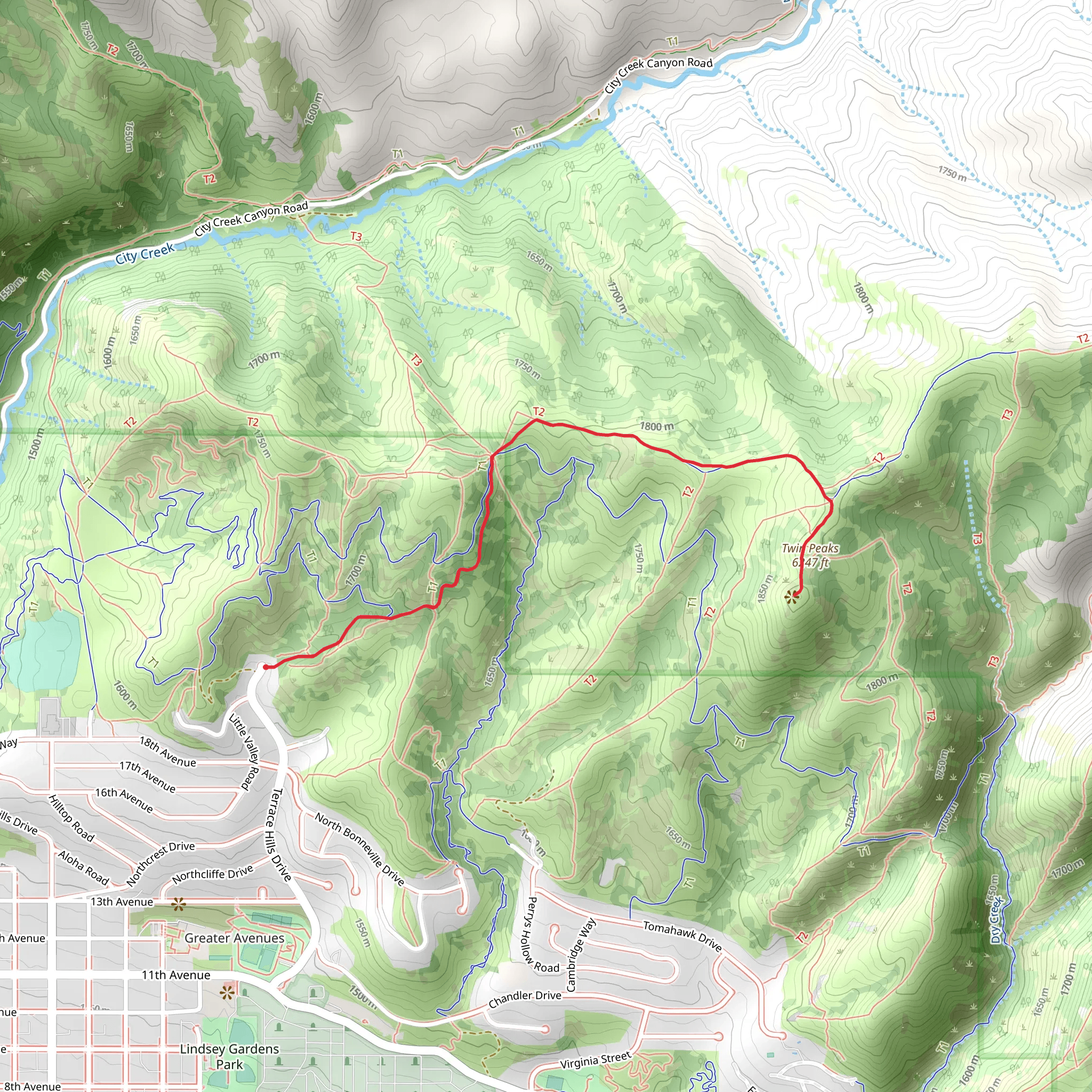 Terrace Hills East Trail and Twin Peaks Trail mobile static map