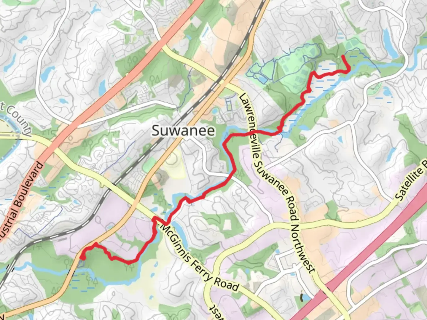 An image depicting the trail Suwanee Creek Greenway and Ivy Creek Greenway and its surrounding area.