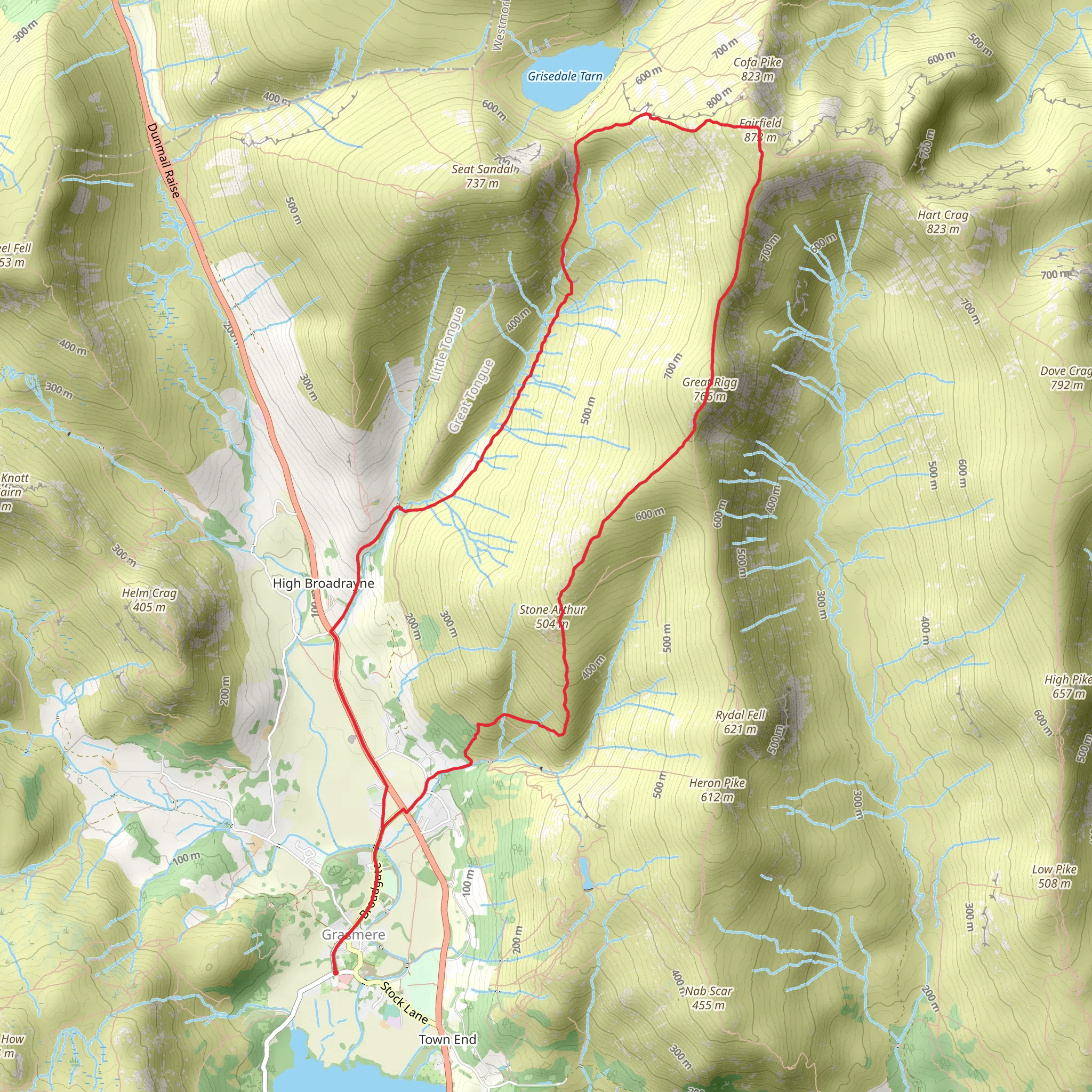 Hause Gap, Fairfield and Great Rigg Loop from Grasmere mobile static map