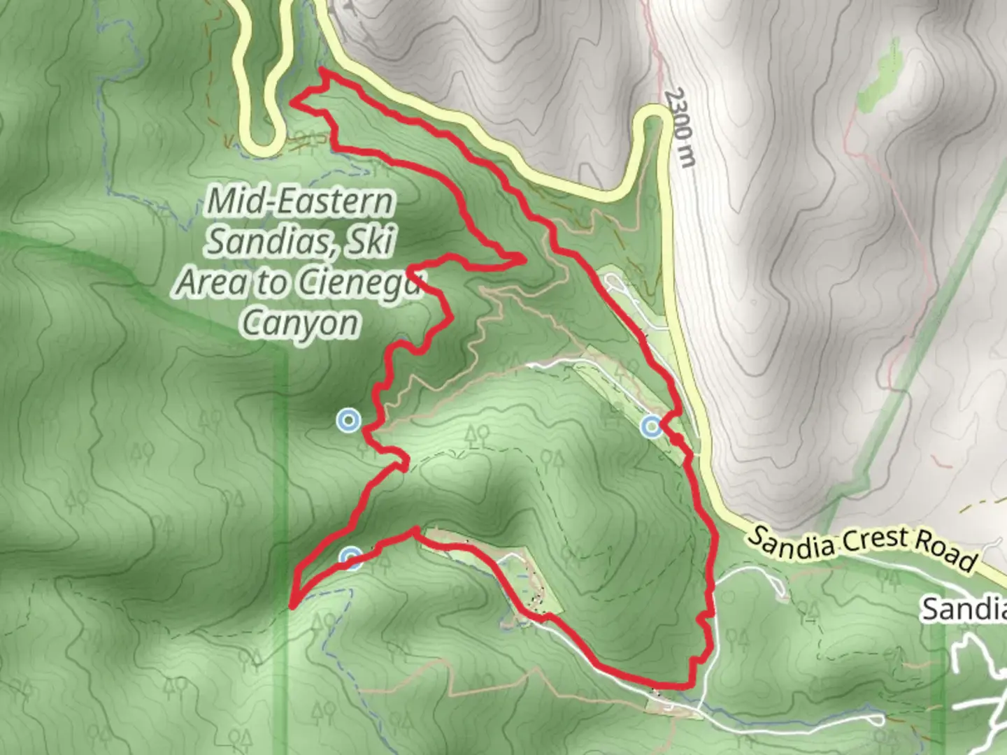 An image depicting the trail Acequia Trail, Faulty Trail and Bill Spring Loop Trail and its surrounding area.