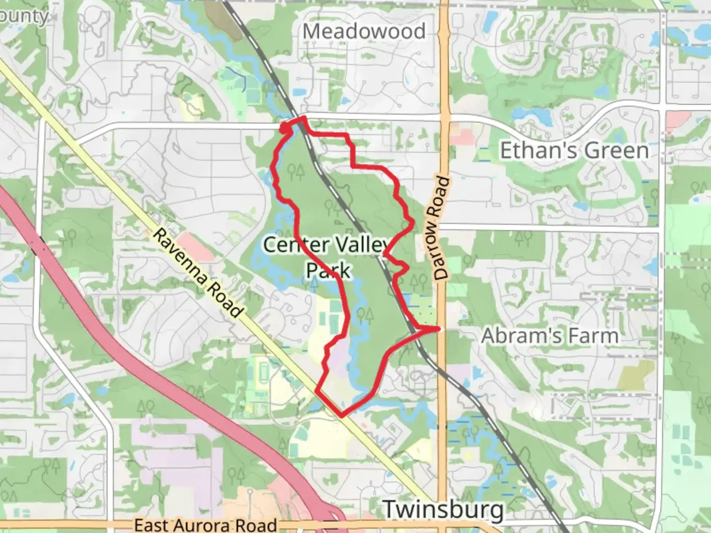 An image depicting the trail Center Valley Park Loop and its surrounding area.