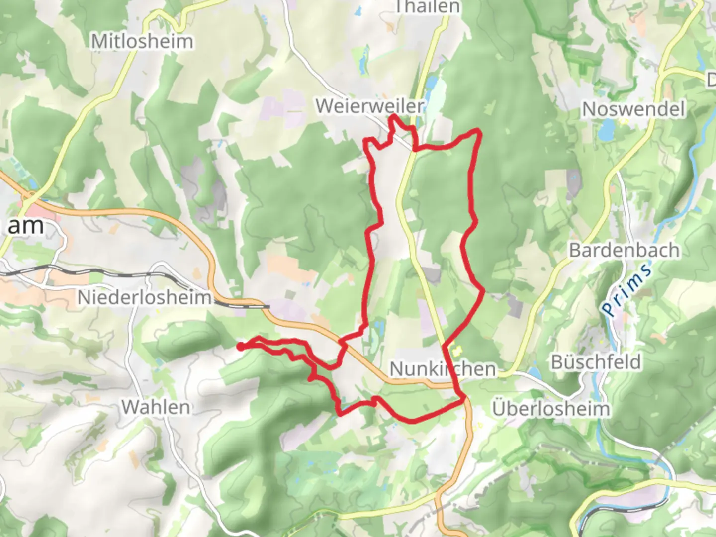An image depicting the trail Munchweiler and Hellenberg Loop and its surrounding area.
