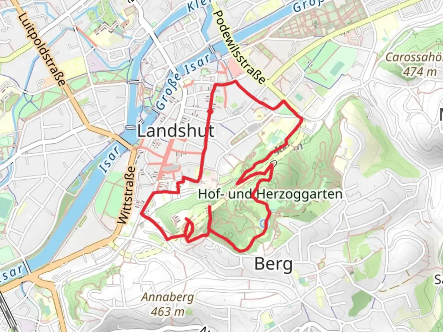 An image depicting the trail Scharizl and Trausnitz Castle via Dominikanerweg and Querweg and its surrounding area.
