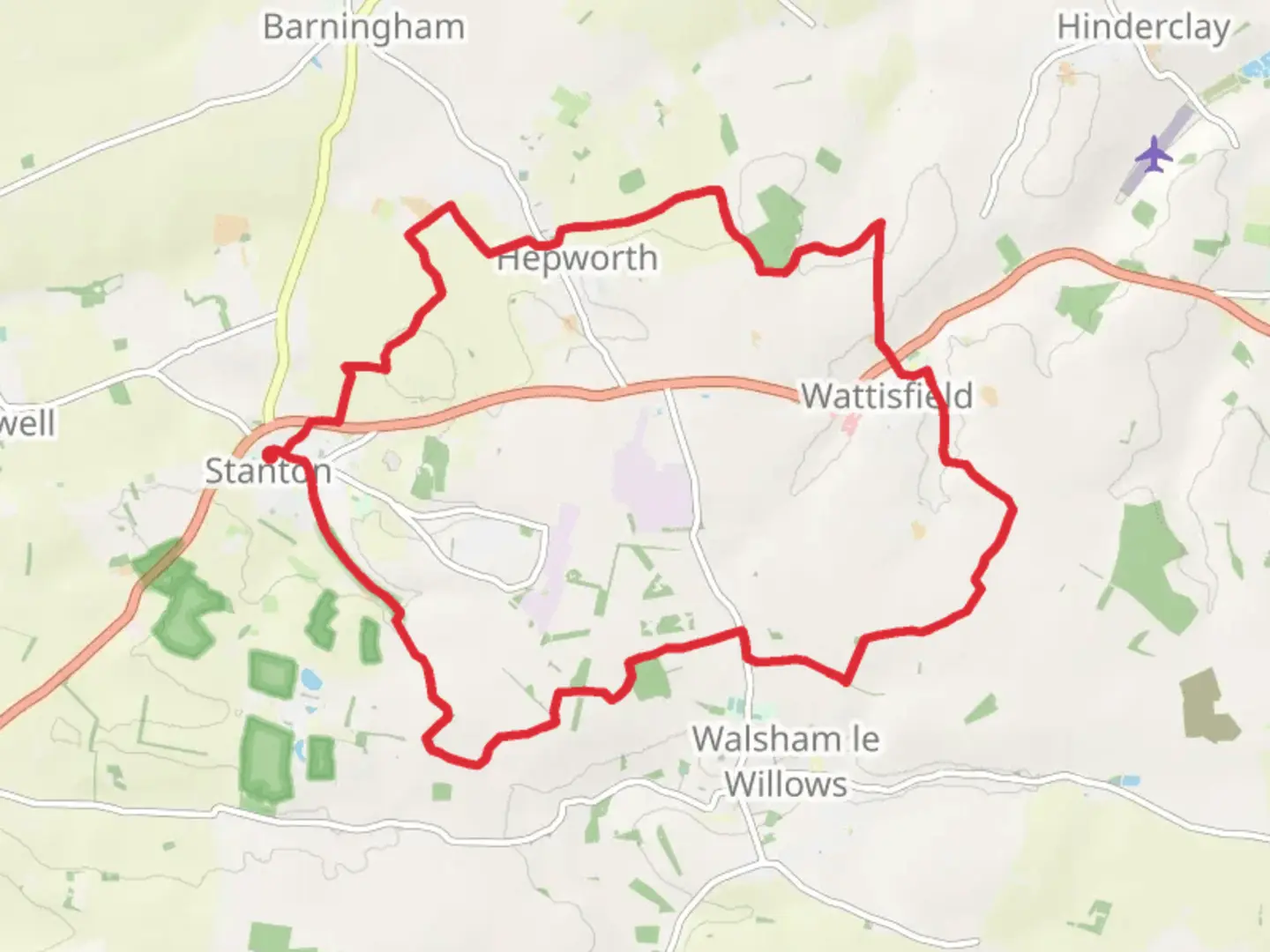 An image depicting the trail Stanton to Wattisfield Loop and its surrounding area.