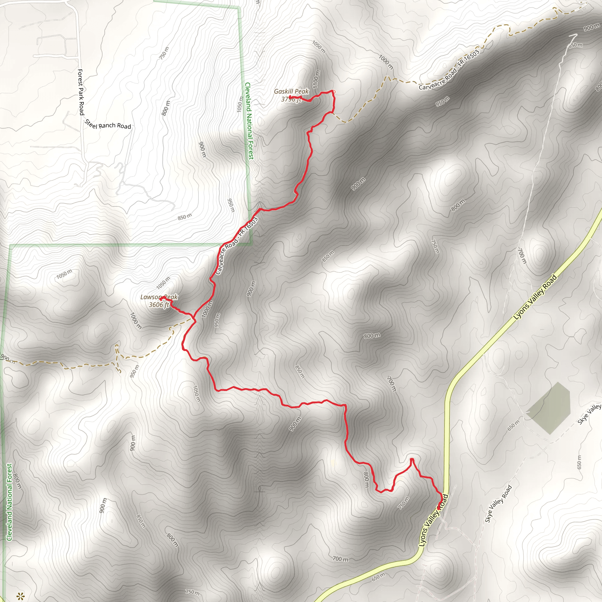 Lawson Peak and Gaskill Peak via Carveacre Road mobile static map