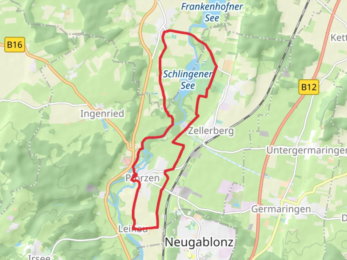An image depicting the trail Pforzen Loop via Schlingener See and its surrounding area.