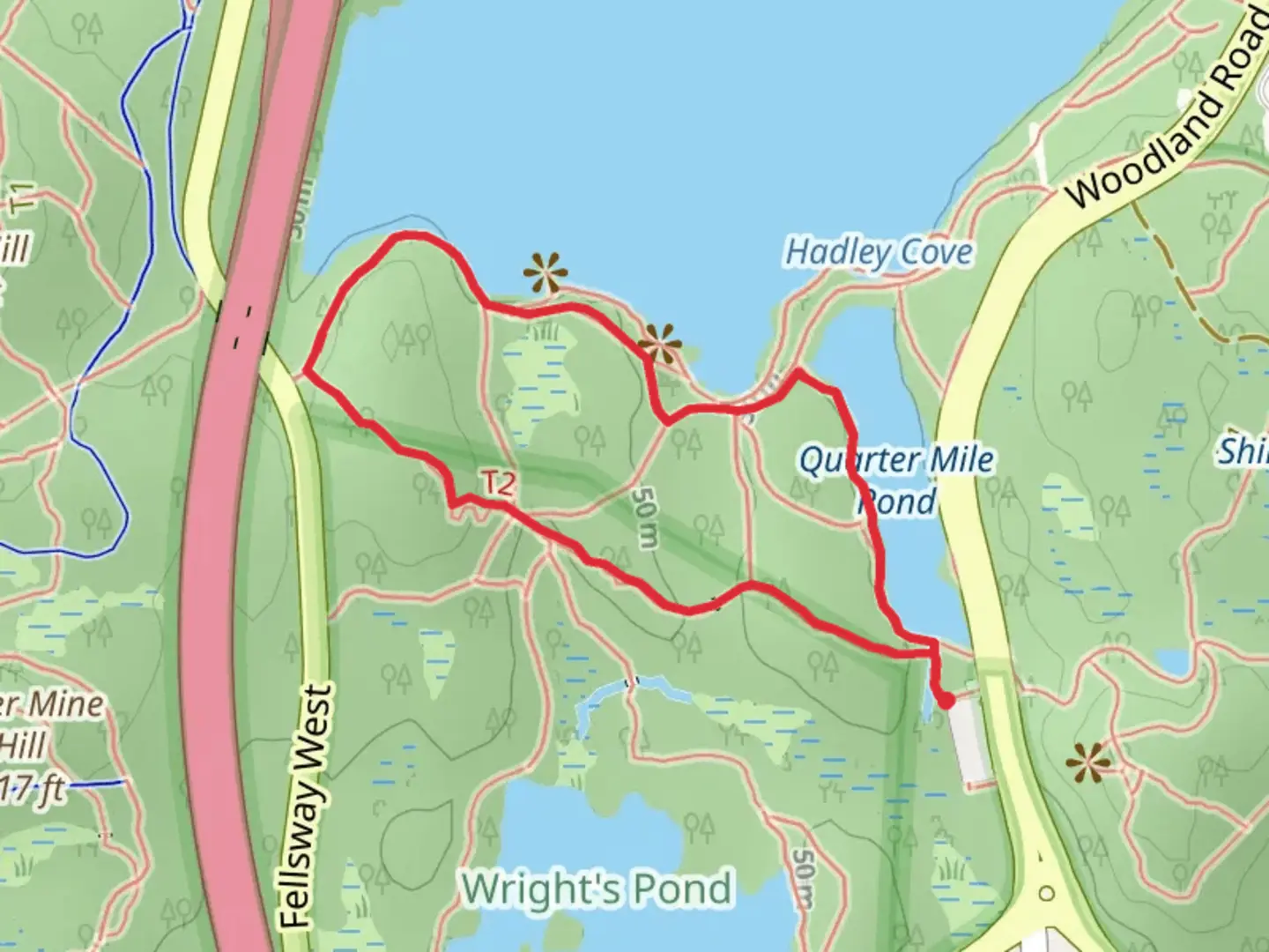 An image depicting the trail Quarter Mile Pond - Cross Fells Loop Trail and its surrounding area.