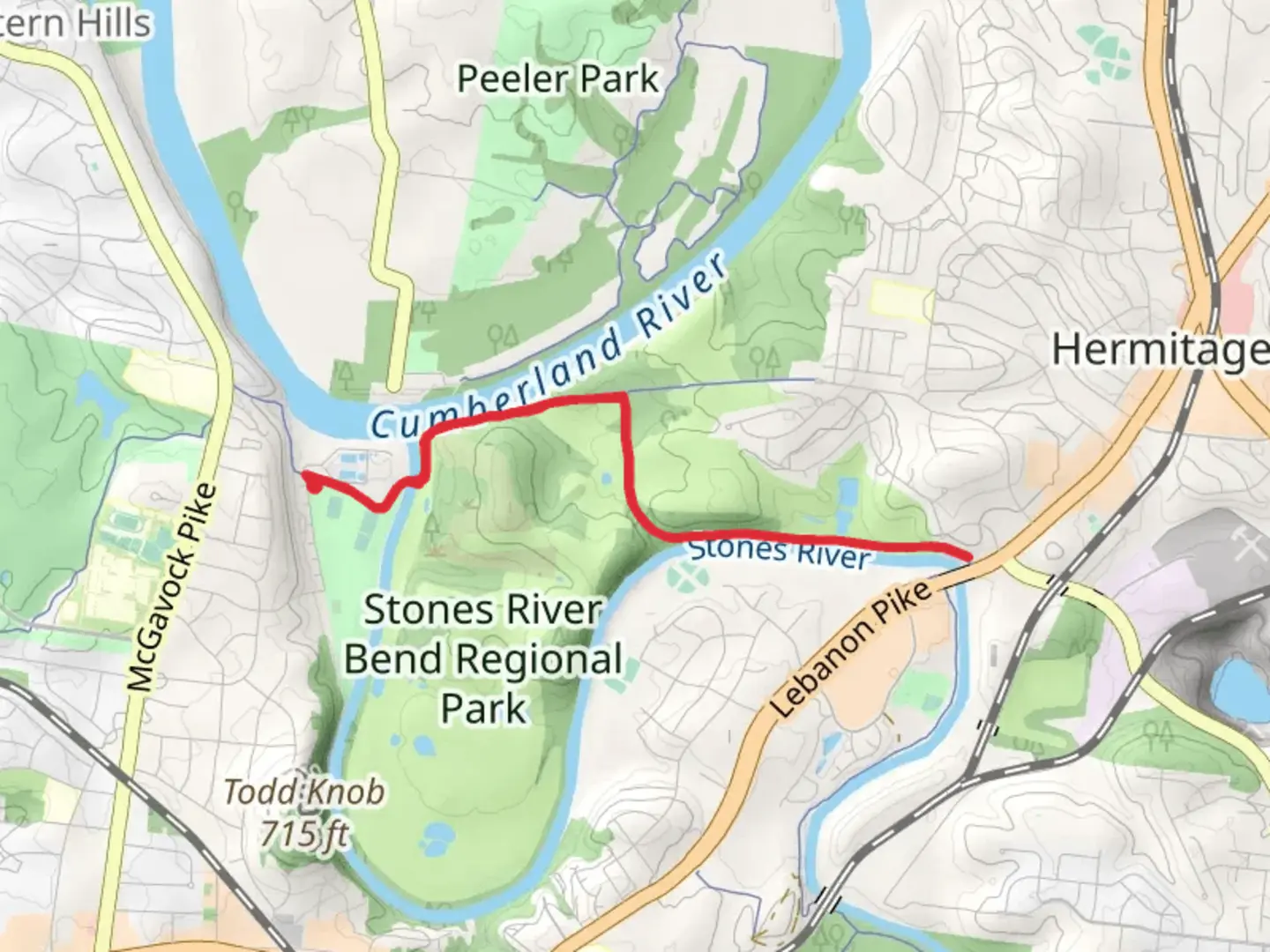An image depicting the trail Stones River Bend Regional Park - Stones River Greenway and its surrounding area.