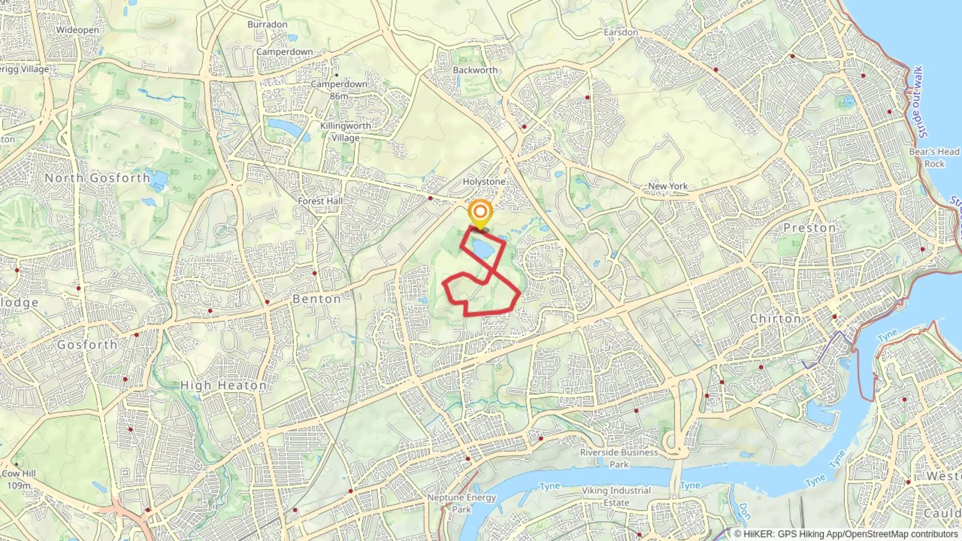 An image depicting the trail Rising Sun Country Park and Swallow Pond Loop and its surrounding area.