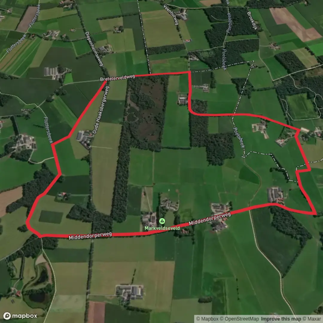 An image depicting the trail Ruimzicht and De Dodden via Achterveld Weg and its surrounding area.