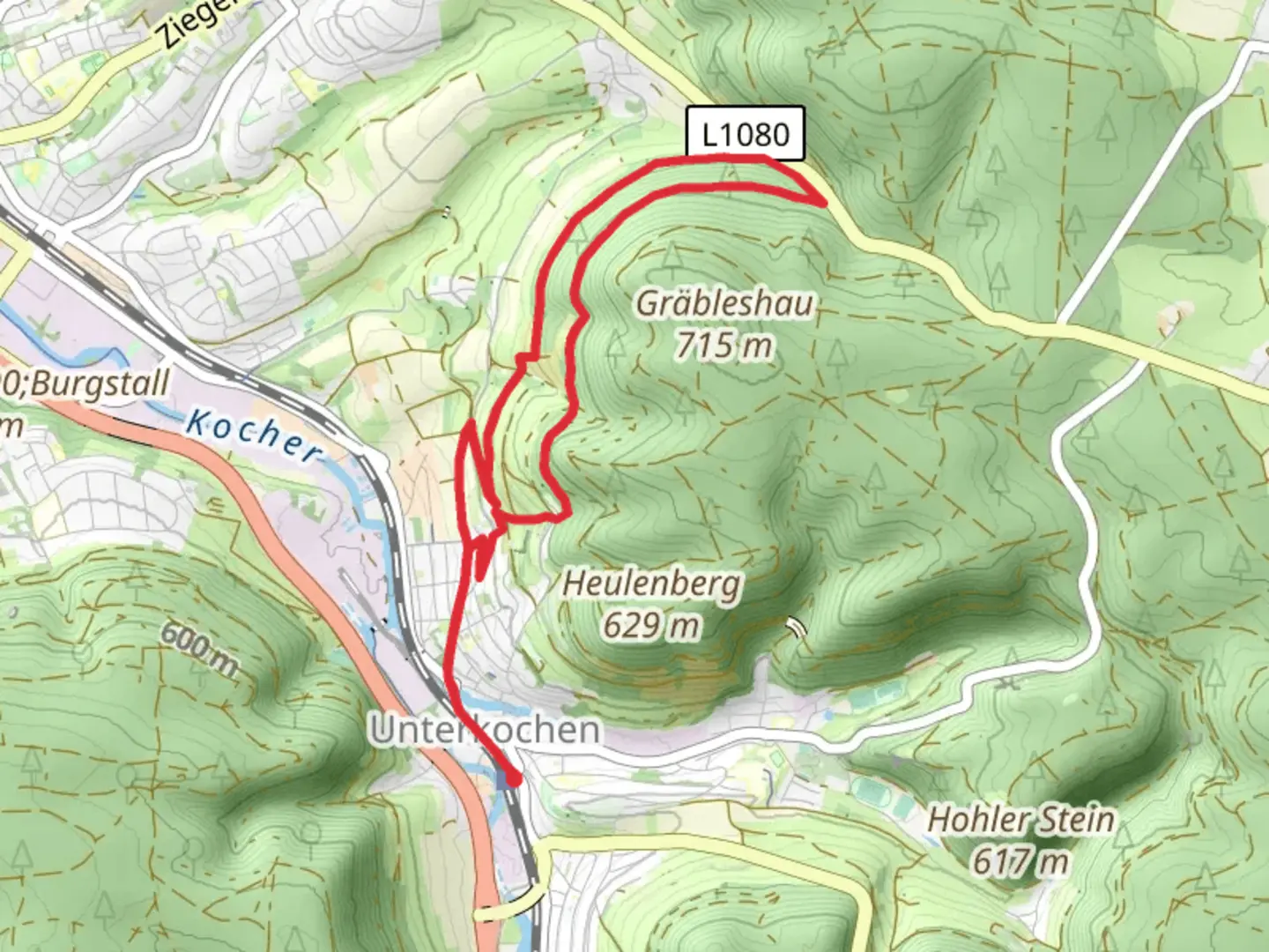 An image depicting the trail Heckenpfad and Foersterweg and its surrounding area.