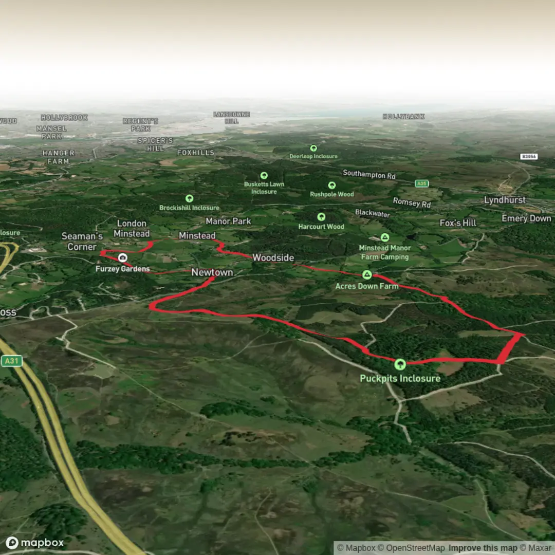 An image depicting the trail Minstead circular via Acres Down and its surrounding area.