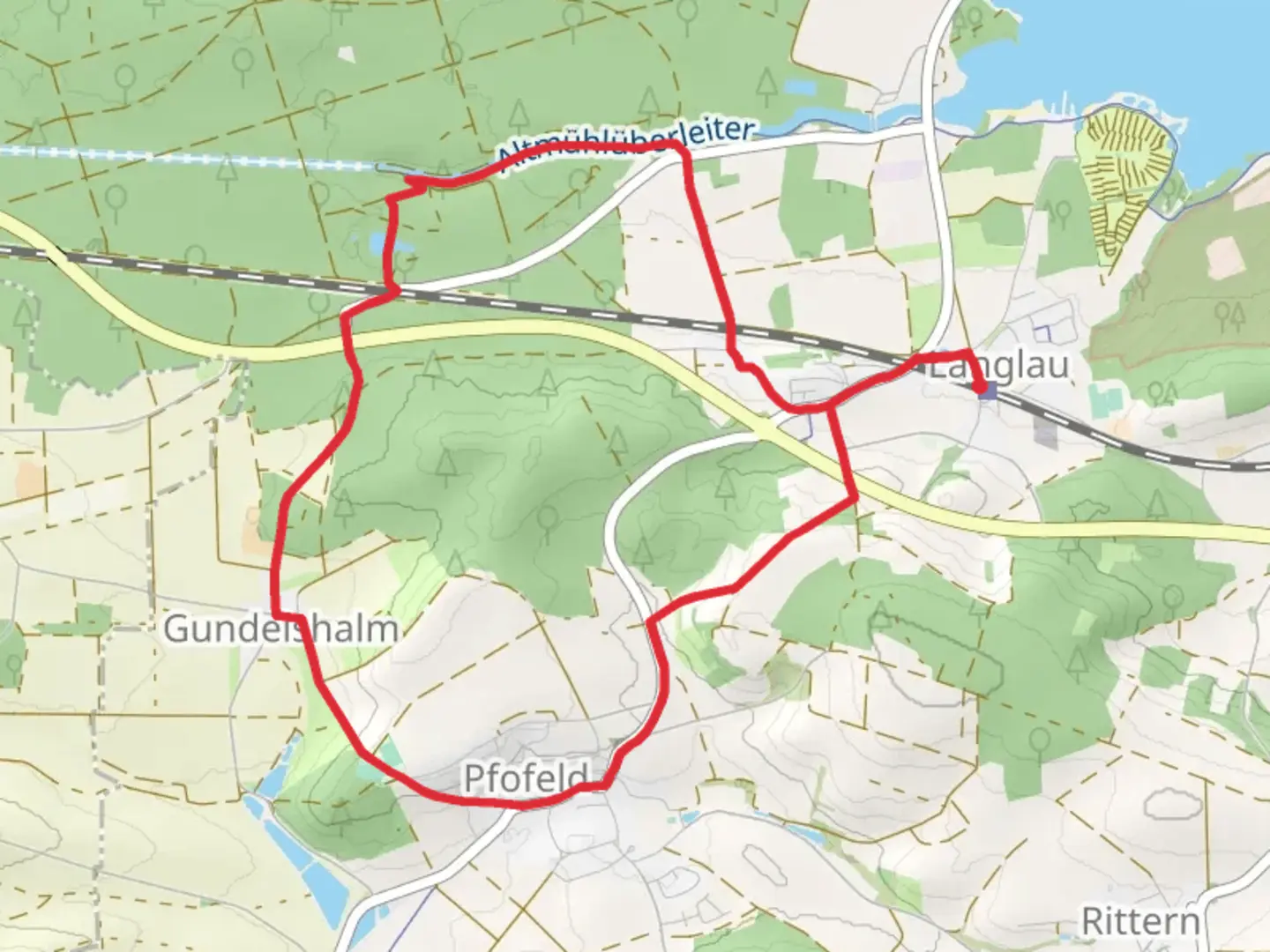 An image depicting the trail Rehenbühl and Odweiher Loop via Frankisches Seenland and its surrounding area.