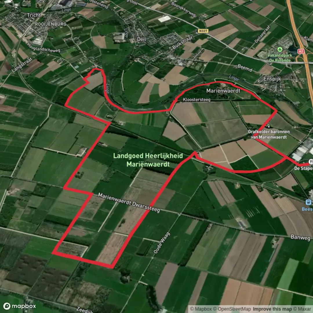 An image depicting the trail Leidschehoevenpad and Betuwepad Loop and its surrounding area.