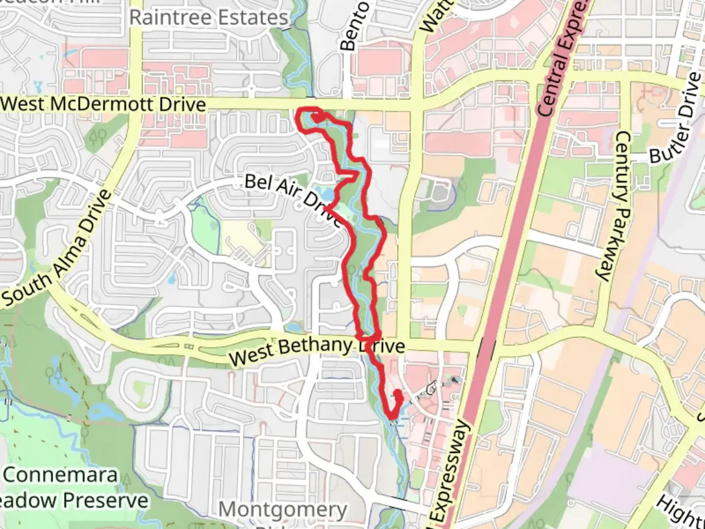 An image depicting the trail Watters Branch Creek Loop Trail and its surrounding area.