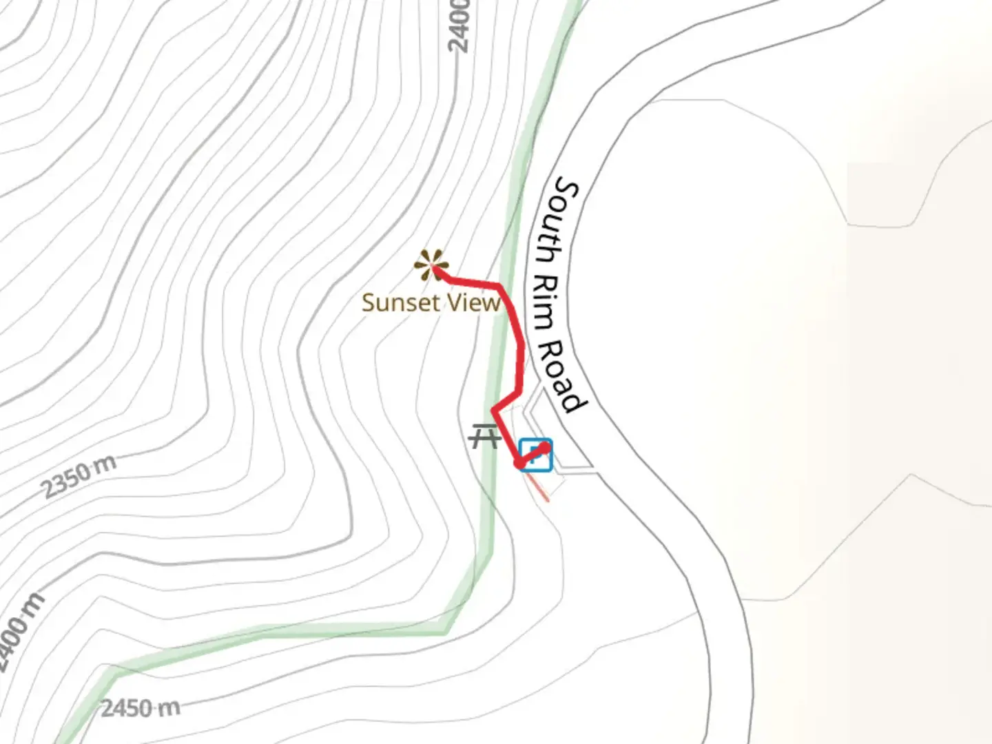 An image depicting the trail Sunset View Out and Back and its surrounding area.