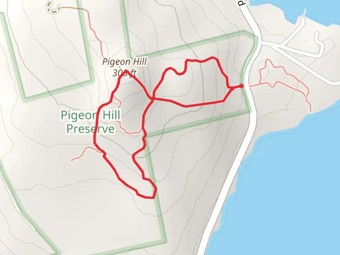 An image depicting the trail Pigeon Hill via Piner Woods Trail and its surrounding area.