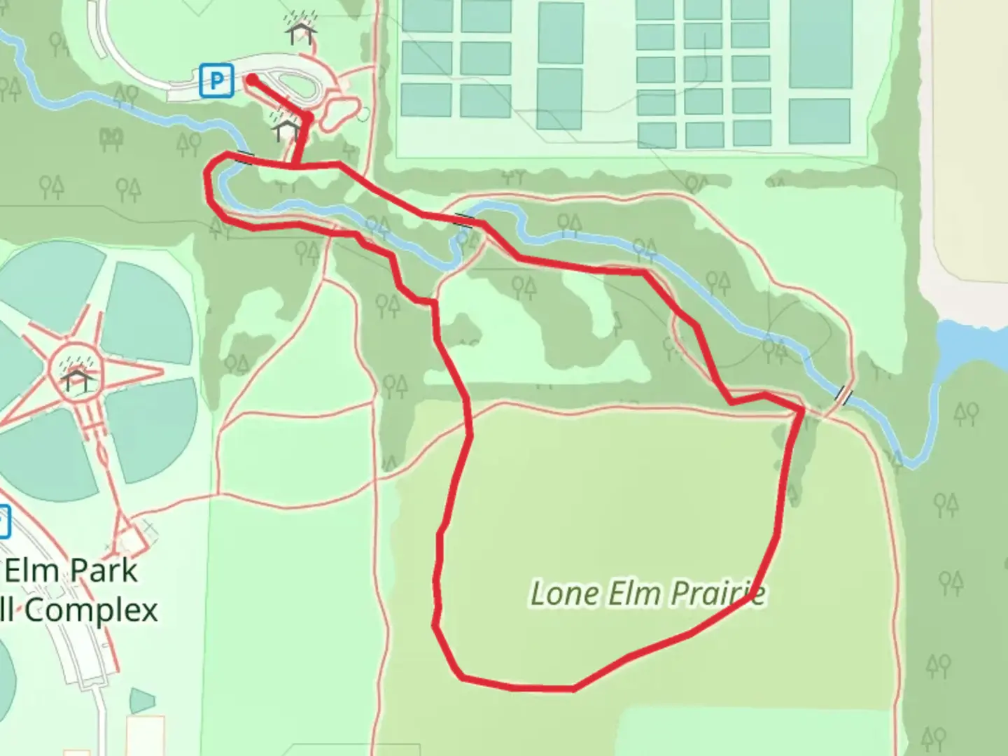 An image depicting the trail Lone Elm Park Loop and its surrounding area.