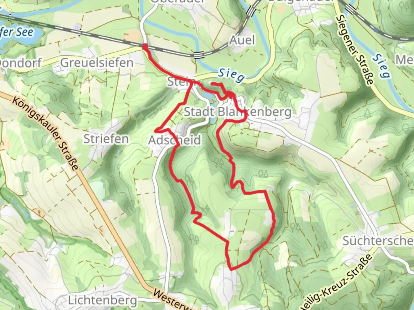 An image depicting the trail Burg Blankenberg Loop via Bergischer Weg and its surrounding area.