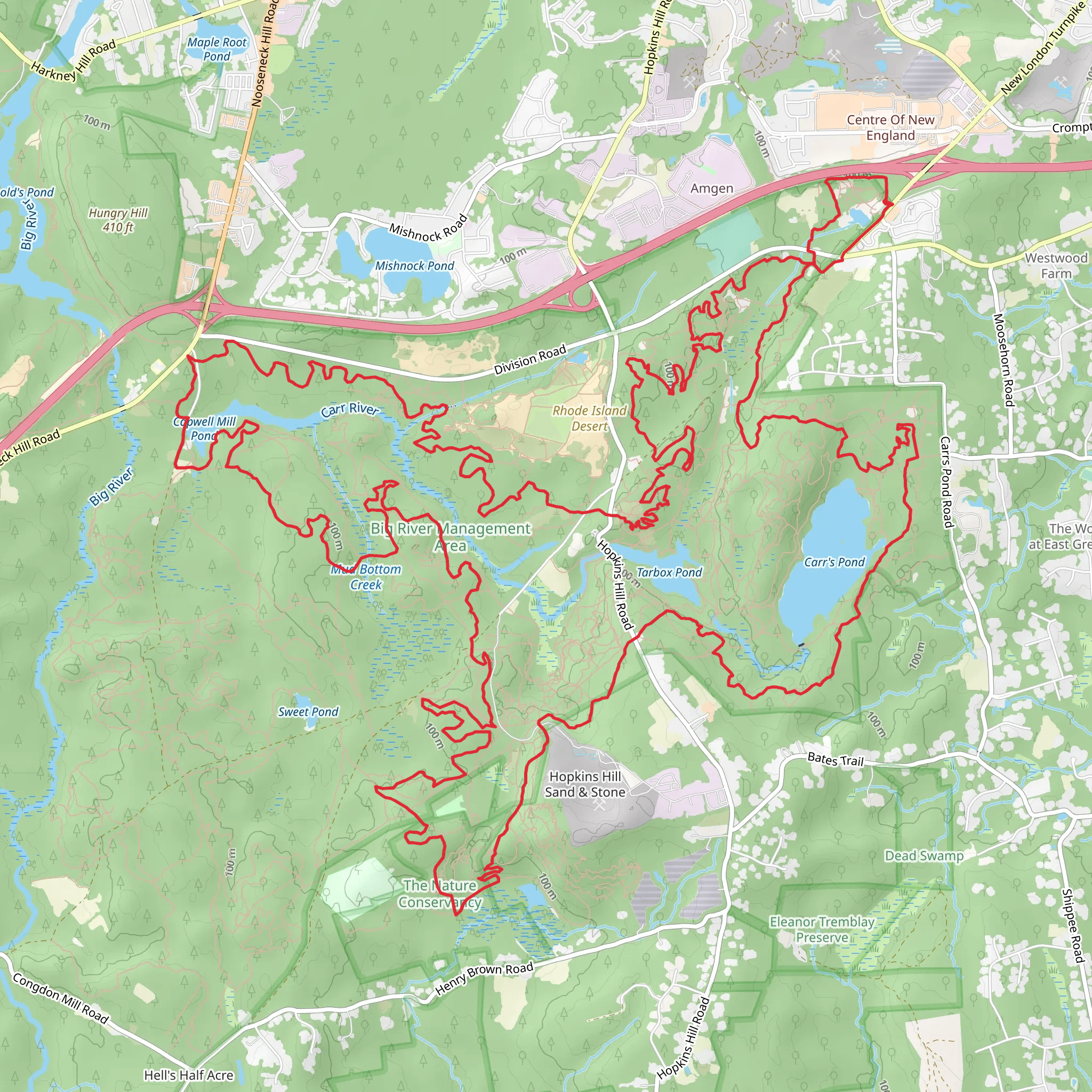 Capwell Mill Pond, Tarbox Pond and Carr's Pond Loop via Jim's Trail and Dead Shed mobile static map