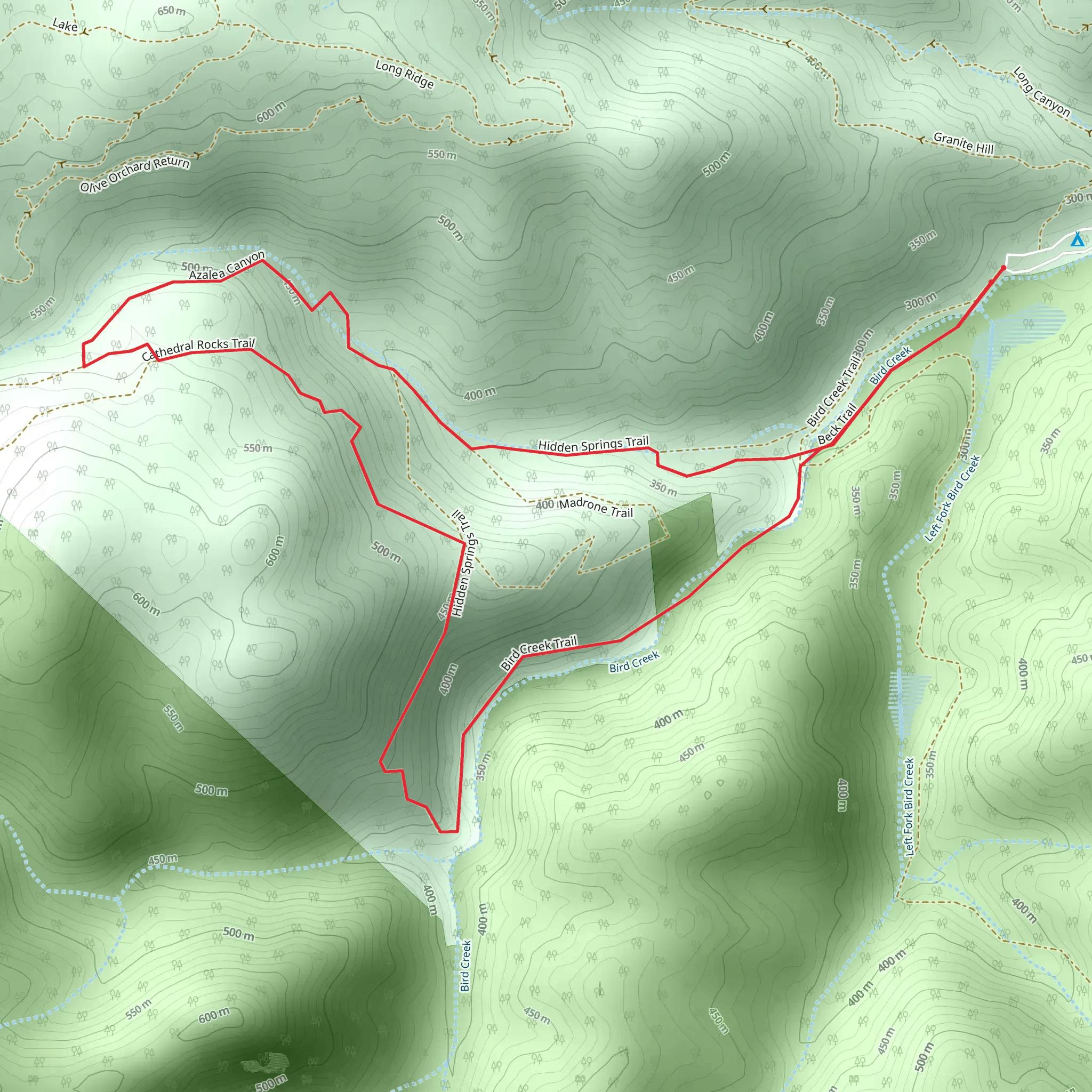 Bird Creek Trail, Hidden Springs Trail and Cathedral Rocks Loop Trail mobile static map