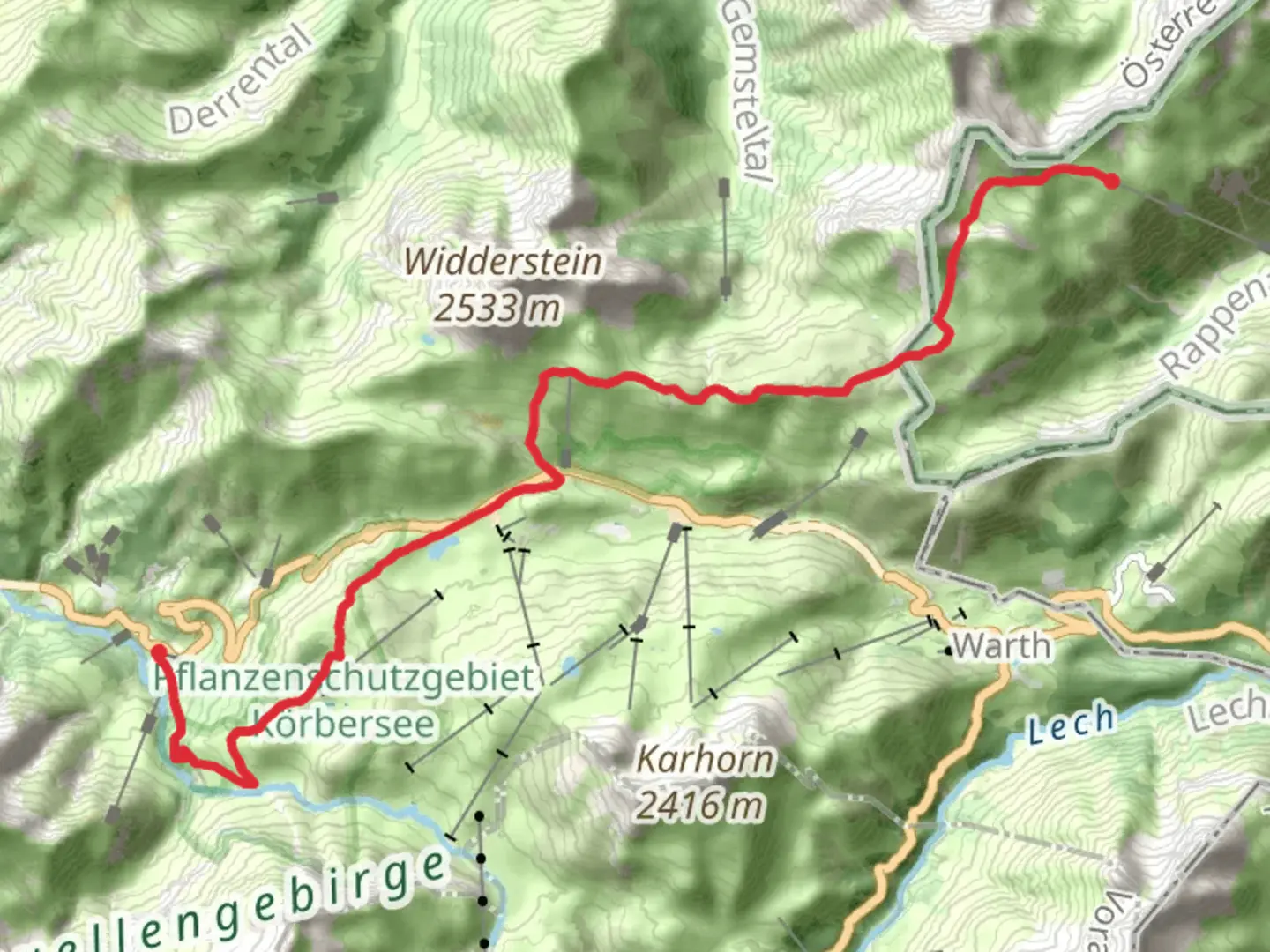 An image depicting the trail Mindelheimer Huette to Schröcken Via Alpina Red and its surrounding area.