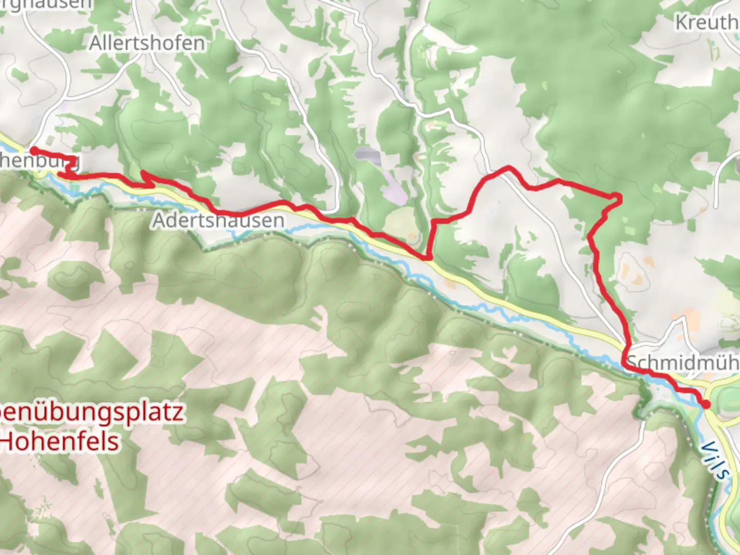 An image depicting the trail Schmidmuhlen to Hohenburg Walk and its surrounding area.