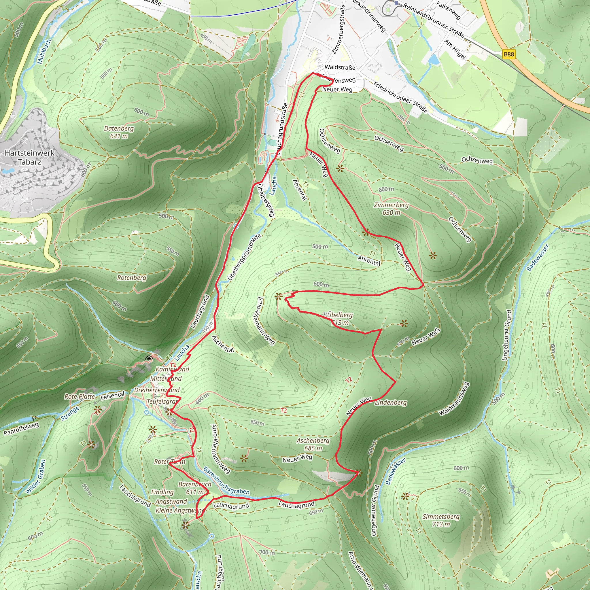 Kaminwand via Bad Tabarzer Vulkansteig and Gipfel und Aussichtstour mobile static map