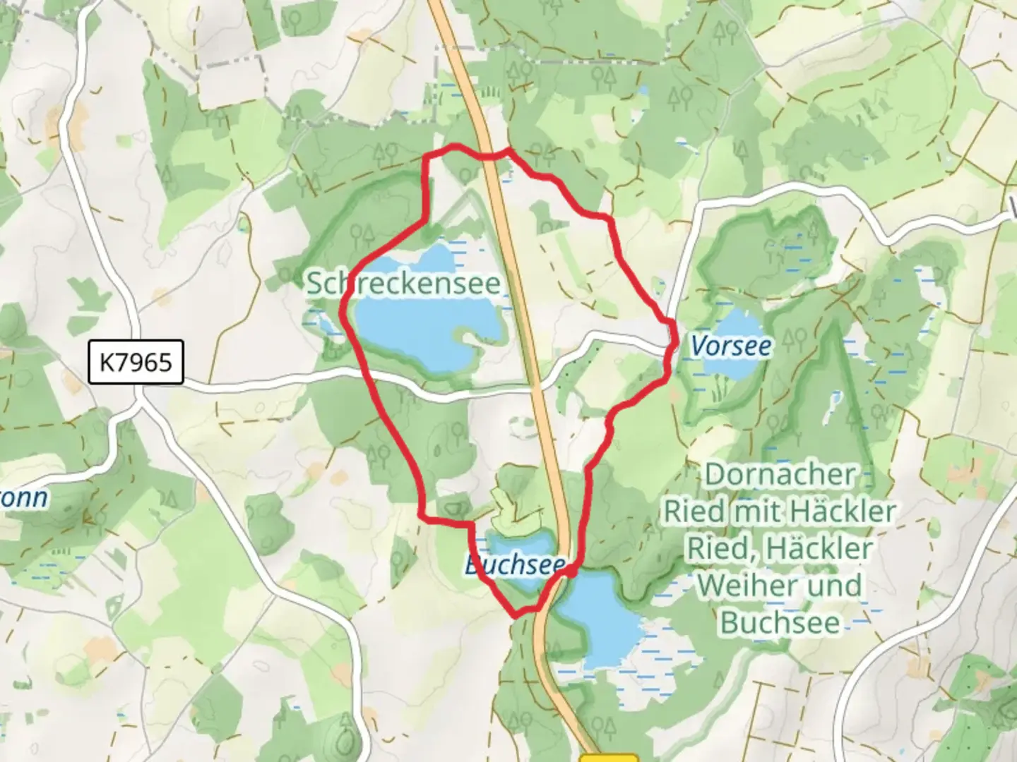 An image depicting the trail Buchsee, Schreckensee and Vorsee Loop and its surrounding area.