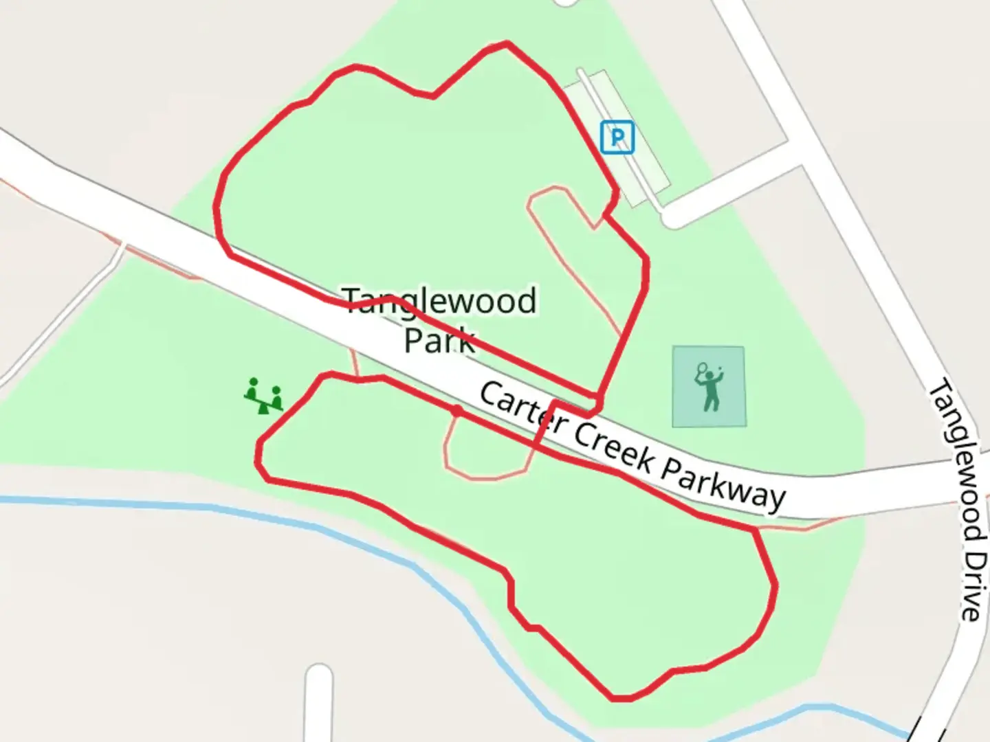 An image depicting the trail Tanglewood Park Loop and its surrounding area.