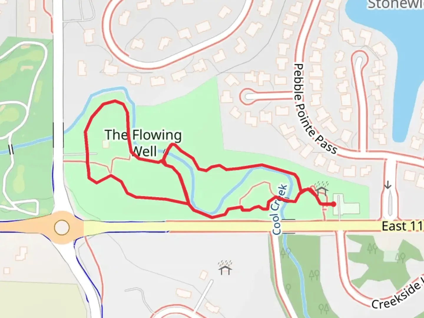 An image depicting the trail The Flowing Well Loop and its surrounding area.