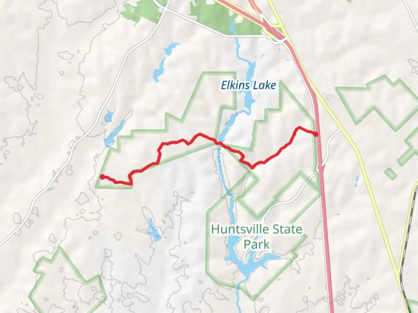 An image depicting the trail Lone Star Hiking Trail from Greenbriar Street to Cotton Creek Cemetery Road and its surrounding area.